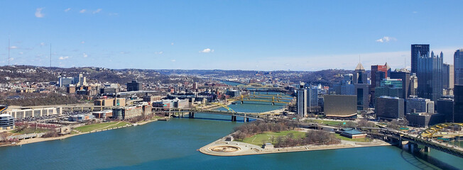 Pittsburgh, Pennsylvania, USA – April 10, 2024: Panoramic view of Point State Park where the...