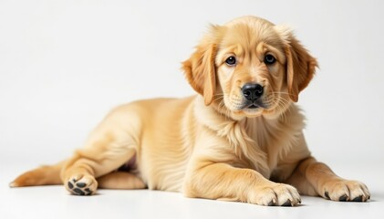 Golden Retriever puppy lies on white backdrop, dog, pet portrait, mammal