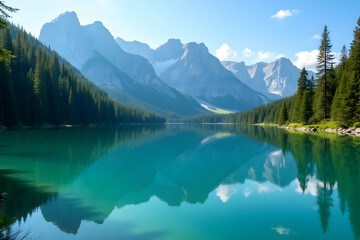 Serene Mountain Lake Reflection, A Breathtaking Landscape of Majestic Peaks and Turquoise Waters Reflecting the Sky and Lush Green Forest Scenery