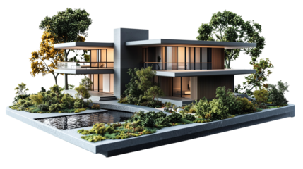 Modern architecture house model design with pool and trees  isolated on transparent  background png
