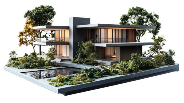 Modern architecture house model design with pool and trees  isolated on transparent  background png