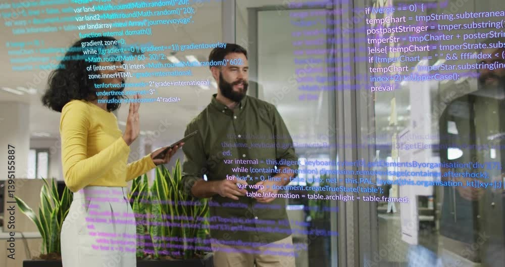 Aufkleber diverse colleagues discussing in office with digital code overlay animation