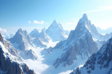 Fototapeta premium Serene Winter Majesty, Breathtaking Panorama of Snow-Capped Peaks Bathed in Azure Skies, Whispering Tales of Adventure and Untouched Wilderness
