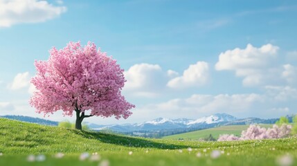 Naklejka premium Vibrant Pink Flowering Tree on Green Meadow Under Bright Blue Sky