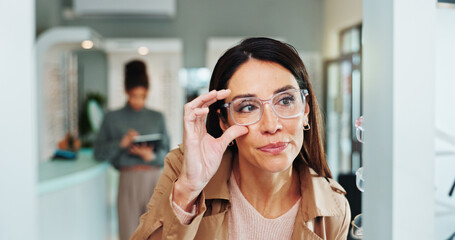 Eye care, woman and glasses choice in mirror for frame shopping, prescription lens size and eyewear...