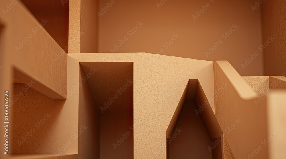Aufkleber an abstract architectural rendering features multiple interconnected geometric forms