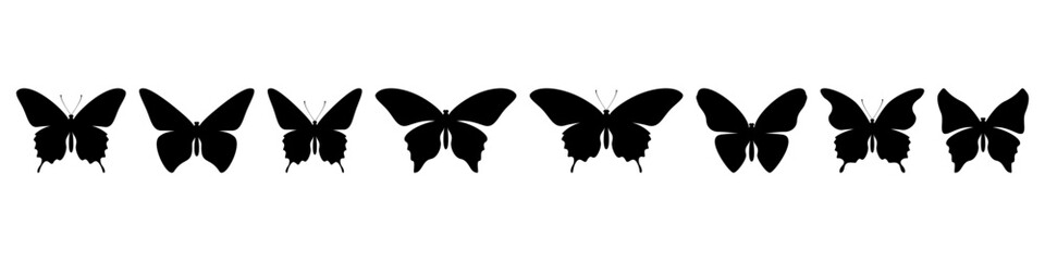 Butterflies black silhouettes set. Tropical and meadow insects with luxurious wings and antennae for decorative ornament and entomology