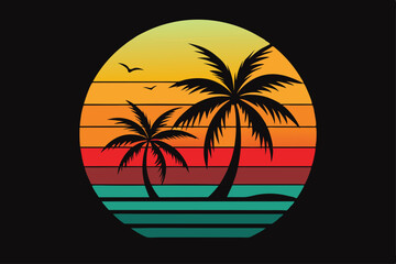 Retro Palm Trees Silhouette Sunset. Striped Colorful Sky. Bird Flying. Summer Scene