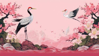 Naklejka premium creative border frame of Japanese patterns with crane birds, bonsai trees, cherry blossom flowers background, graphic resource
