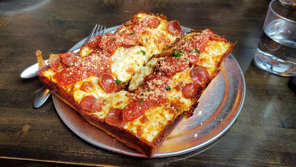 Detroit-Style Pepperoni Pizza with Crispy Cheese Crust on Metal Plate