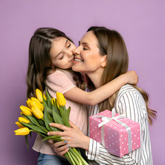Cute little daughter kisses and hugging her mother   against light purple background