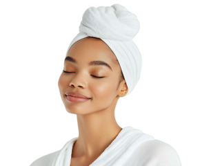 Peaceful woman in white towel wrap and bathrobe with eyes closed, natural beauty and skincare concept, isolated on transparent background