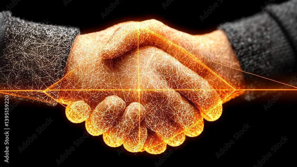 Poster digital handshake forming connection with glowing network nodes on black background