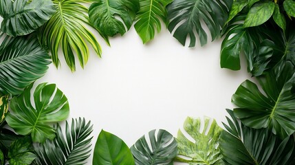 Fototapeta premium Lush Tropical Leaf Border on White Background