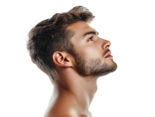 Close-up side profile of a handsome young man with well-groomed beard and clean haircut looking up, isolated on transparent background