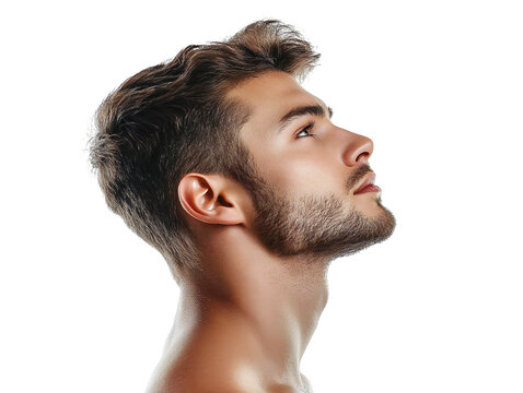 Close-up side profile of a handsome young man with well-groomed beard and clean haircut looking up, isolated on transparent background