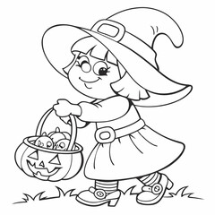 Cute Witch Trick-or-Treating Coloring Page: Halloween Girl