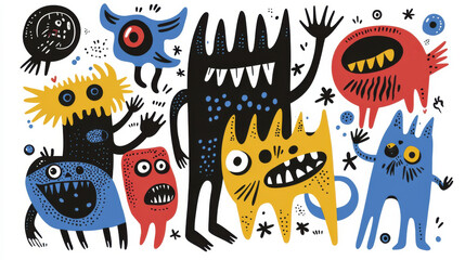 vibrant illustration featuring playful, cartoonish monsters with exaggerated features and bright colors, evoking sense of fun and whimsy