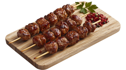 Delicious meatball skewers served on a wooden cutting board  isolated on transparent  background png