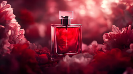 A bottle of perfume with red and pink flower petals background