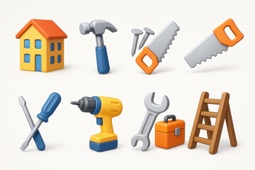 Construction and tools 3d icon set featuring essential diy equipment icons