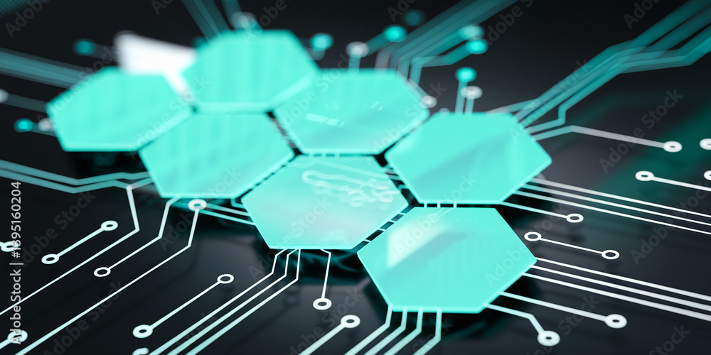 Poster abstract image of teal hexagonal elements on a dark background, interconnected by circuit lines, sho