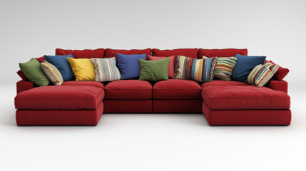 vibrant red sectional sofa adorned with colorful cushions, perfect for adding cozy touch to any living space