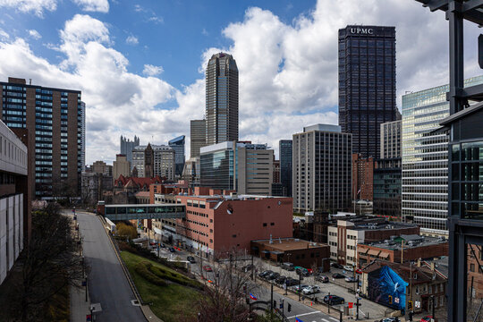 Pittsburgh, Pennsylvania, USA &ndash; April 10, 2024: The downtown skyline features U.S. Steel Tower and surrounding buildings under a partly cloudy sky, viewed from the South Shore area.