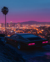 A car on the hill top mountain night view of the city at sunset
