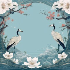 Obraz premium creative border frame of Japanese patterns with crane birds, bonsai trees, cherry blossom flowers background, graphic resource
