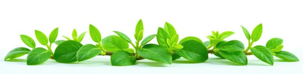 Green foliage with a few sprouts isolated on white background, plant life, botanical