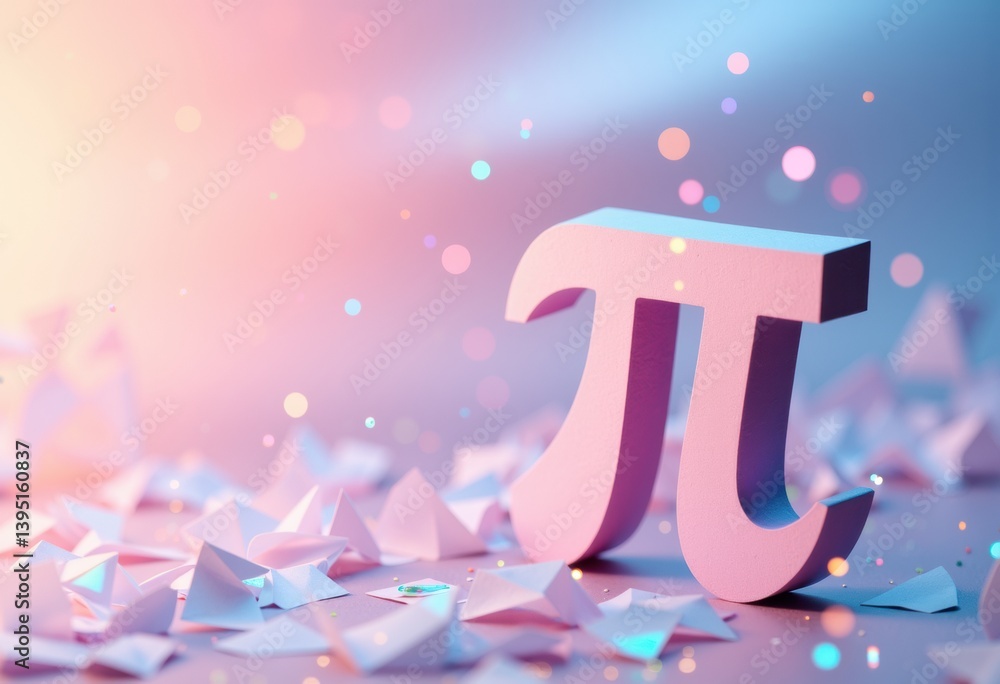 Poster pink pi symbol surrounded by colorful paper confetti on a soft background