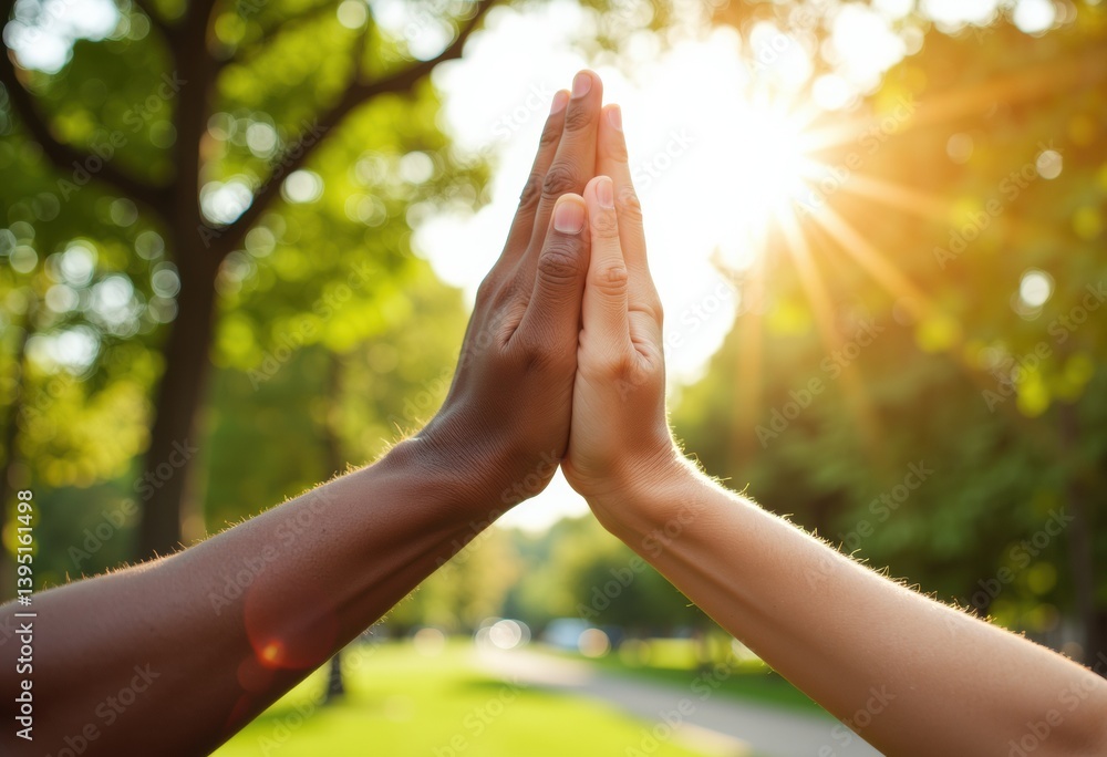 Poster hands of different skin tones touching in a gesture of unity and friendship