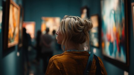 Fototapeta premium A woman in a yellow shirt looks at a painting in a museum