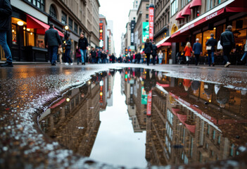 Obraz premium Reflections of city buildings in a puddle on a busy urban street