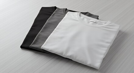 Three folded t-shirts in black, gray, and white on a light wood background, concept for online store product display, apparel branding, and fashion website design