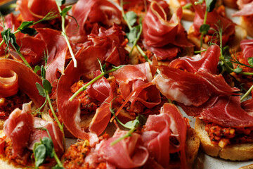 A plate of ham and vegetables with a green garnish. Assorted Italian Tapas with Prosciutto meat
