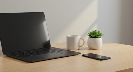 Obraz premium an open laptop computer on a wooden table with a white cup next to it