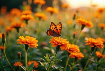 Fototapeta premium A vibrant butterfly perched on bright orange marigold flowers in bloom