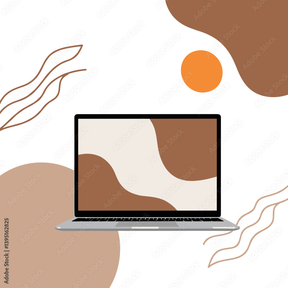 Poster laptop displaying abstract art design against a minimalist background