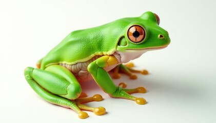 Obraz premium Green tree frog perched on white background, vibrant skin detail, leaping, vivid