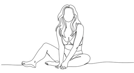 A serene woman in swimwear sits peacefully by the water's edge, a minimalist line drawing capturing a moment of tranquility.