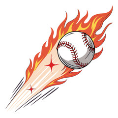 Design a vector graphic of a flaming baseball soaring through the air, using bold, dynamic strokes.  Emphasize motion and intensity.