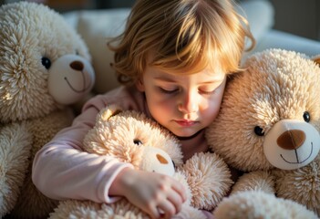A young child cuddles with soft teddy bears, radiating warmth and comfort
