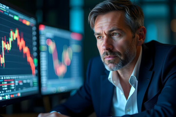 Sophisticated investor scrutinizes market trends on multiple displays in an elegant office environment, highlighting financial analysis and technology in business sector