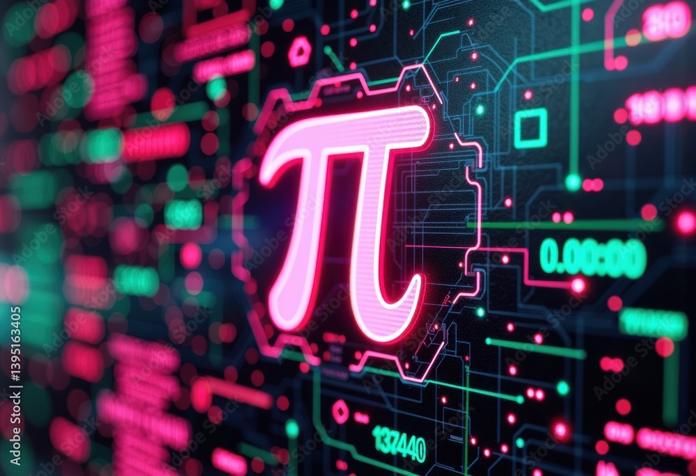 Poster neon pi symbol on a digital circuit board background with vibrant colors