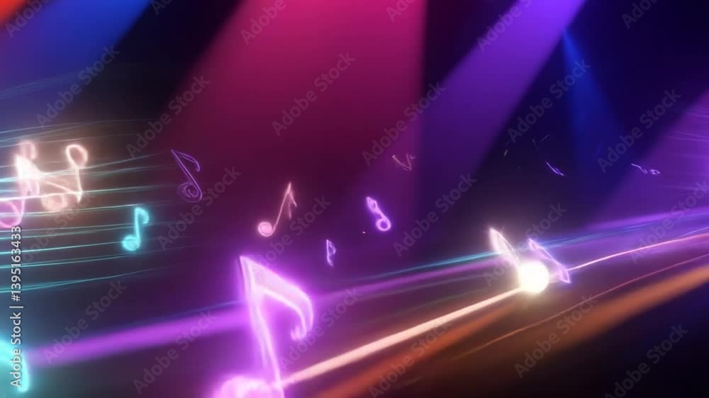 Poster music notes float through colorful lights in the cosmos generative ai