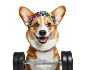 cute and adorable corgi dog with gym theme with barbell in front and headband on transparent background