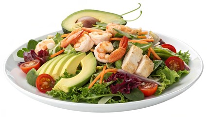 Shrimp Avocado Salad High-angle Close-up Food Photography, Healthy Recipe, White Plate Composition, Seafood, Vegetable Salad Recipe, Avocado