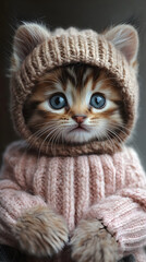 A cute cat wearing a knitted sweater and knit hat
